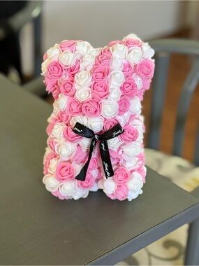 Pink & White Rose Teddy Bear with Black Ribbon